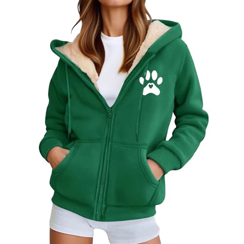 Generisch Winter-Fleece-Jacke für Damen, Durchgehender Reißverschluss, Kapuzen-Sweatshirt, Outdoor, warme Damenmäntel, Übergröße, Hundepfoten-Druck, lässige Oberbekleidung, dunkelgrün, M