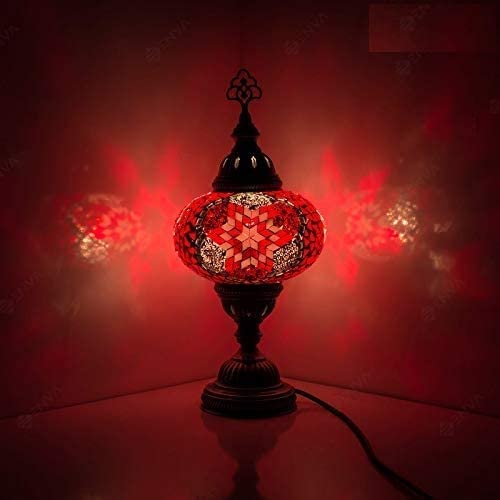 ENVA Turkish Moroccan Style Mosaic Multicoloured Desk Table Lamp, Bronze Base, Unique Light Large Globe (3008)