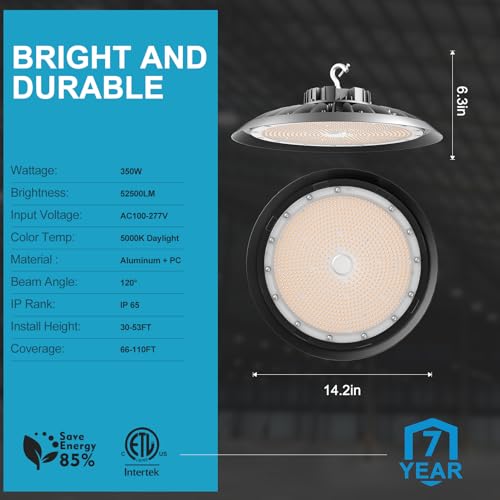 Lightdot High-End High Bay LED Shop Lights 350W UFO LED High Bay Lights 52500LM AC100-277V Commmercial UFO Lighting for 30~60FT Warehouse,Workshop, Garage & Barn,Plug & Play - 6Pack 5Yrs Warranty by Lightdot - Image 3
