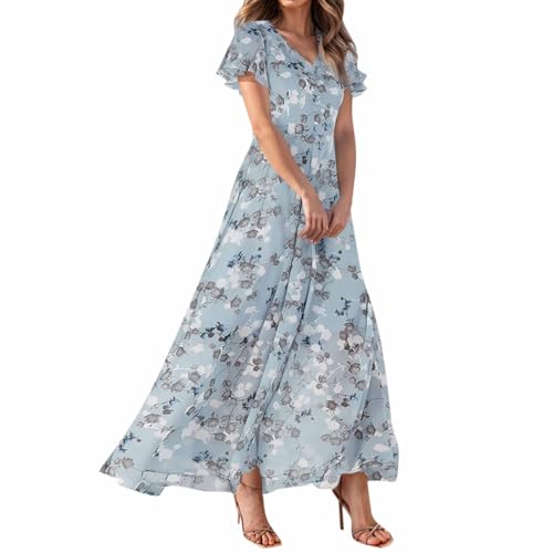 Women Floral Easter Dress Flowy Ruffle Short Sleeve Maxi Dresses Elegant V Neck Church Dresses Casual Summer Chiffon Long Dress Fashion A-Line Holiday Beach-Dress Comfy Womens-Dress : Clothing, Shoes & Jewelry