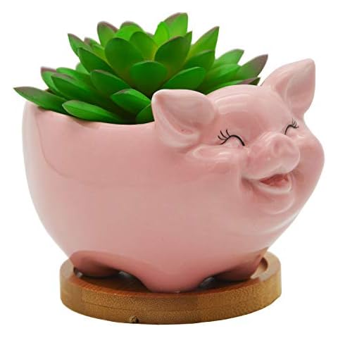Cuteforyou Succulent Pots, Cute Animal Pig Shaped Ceramic Cactus Flower Planters with Bamboo Tray -Plant Not Included (Pink, 5.11 Inches) Cover