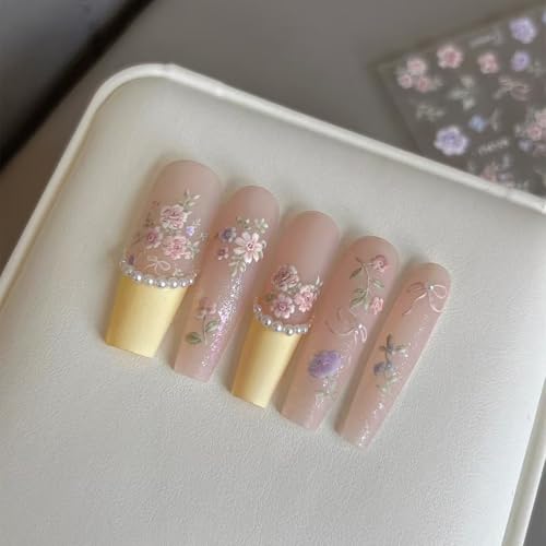 Image of Flower Nail Stickers for Nail Art Colorful Nail Stickers Small Floral Nail Decals Self Adhesive 5D Embossed with Design Spring Manicure Supplies Charm for Women Girls Accessories