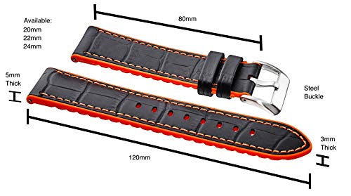 Stunning Selection Alpine Genuine Alligator Grain Leather Watch Band With Silicone Waterproof Lining And Quick Release Steel Spring Bars - Black/Orange - 22Mm #TOP1