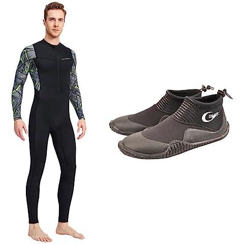 DiNeop 2 Pieces Wetsuit, Neoprene Dive Boots, Scuba Diving Surf Wetsuit Booties for Men Women 3MM-8y, Dive Skins for Women Men Full Body Swimsuit Rash Guard Scuba Skin Thin Wetsuit-L Cover