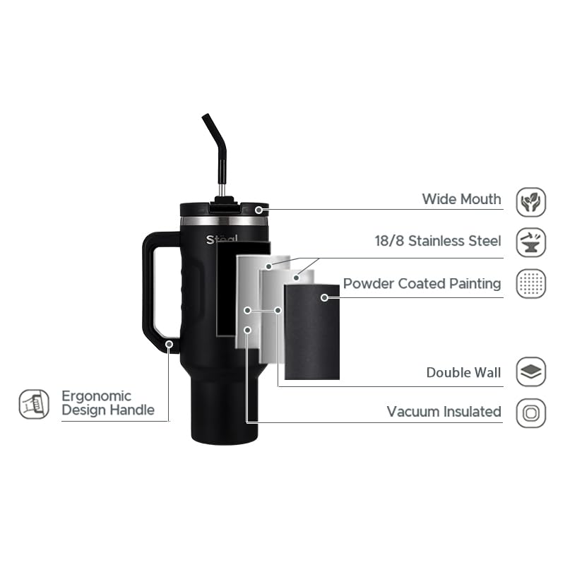 Image of Tumbler with Straw - 1.2L Insulated Coffee Tumbler with Handle | Keeps Drinks Hot 12h Cold 24h | Leakproof Travel Sipper for Office Gym | Stainless Steel Straw