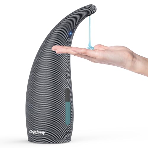Greatmay Automatic Soap Dispenser, with 4 Adjustable Levels, Electric 300 ml Non-Contact Battery Operated Soap Dispenser with Sensor, IPX6 Waterproof for Bathroom, Kitchen (Blue Checked)