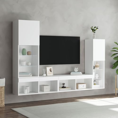 Gecheer 4-TLG.TV Wandschrank Wohnwand Wohnkombi Wohnzimmer Anbauwand Schrankwand Hängeschrank Fernsehwand TV Lowboard Fernsehschrank Mediawand Fernsehtisch Wohnzimmersets TV Möbel,Holzwerkstoff,Glas