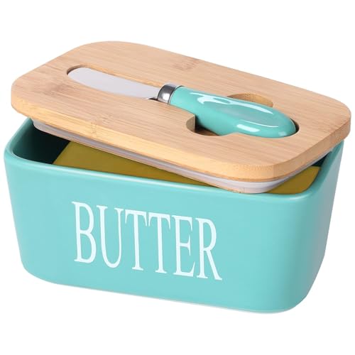 ISEAU Ceramic Butter Dish with Wooden Lid, Large Butter Container Keeper Storage with Stainless Steel Butter Knife Spreader, Bamboo Cover and Silicone Sealing Ring for Butter (Green)