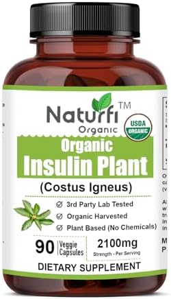 Naturfi Organic- Insulin Plant Capsules (Costus Igneus), USDA Organic | 100% Natural Supplement, 90 Veggie Caps (1 Month Supply) - Insulin Plant