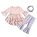 Hdanyiyi Mode FüR MäDchen, Einfarbig, Tutu-Rock Mit GlockenäRmeln + Bedruckte Schlaghosen + Kopfbedeckung, 3-Teiliges Set, JubiläUmsfoto, Cooles Baby, FrüHlingsausflug, Alltagskleidung,Rosa,120