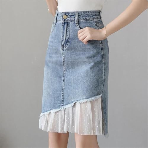 Womens Elegant High Waist Denim Skirt with Lace Patchwork Detail Casual Jean Skirt2