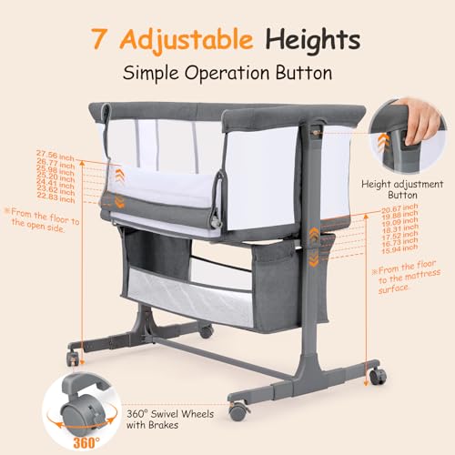 Growaystory Beistellbett Baby Bettseitiger Bassinet für Neugeborene Tragbarer Baby Bett mit Rädern Aufbewahrungskorb Matratze 7-Fach Höhenverstellbar Zustellbett (Dunkelgrau)