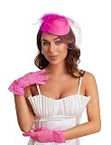 Fascinators hat Tea Party for Women Pillbox Derby Hat Fascinator Bridal Wedding Veil and Short Lace Gloves(106 Rose Red)