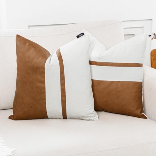 Vfuty Set of 2 Cream White and Brown Decorative Throw Pillow Covers 18x18 Inch Faux Leather and Velvet Patchwork Pillow Cover,Modern Farmhouse Pillow Case for Living Room Couch Bed Boho Home Decor by Vfuty - Used condition - US$10.32