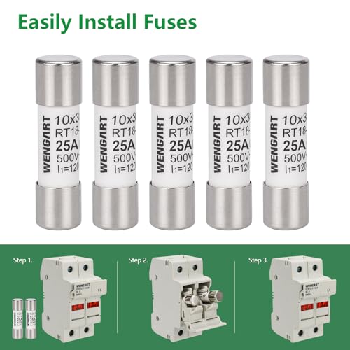 Wengart AC Zylindersicherungseinsatz RT18-32 (RO15), AC500V 25A, 10 Stück, 10x38mm, 120 kA, starkes Schaltvermögen, kann den Stromkreis zuverlässig schützen
