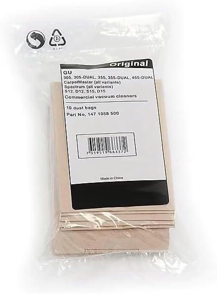Nilfisk 107413584 Set of 10 Vacuum Dust Bags, Brown Paper; Replacement Filter Bags for Commercial Vacuum Cleaners; GU 305, 305-DUAL, 355, 455-DUAL CarpetMaster 100, 200; 112, 115; S12, D12, S15, D15