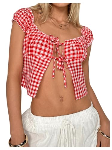 Amazon.com: SHENHE Women's Tie Up Split Front Gingham Square Neck