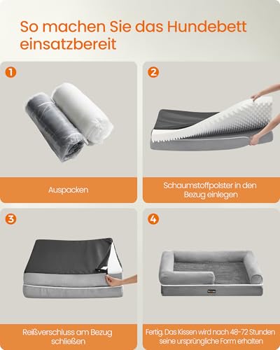 Feandrea Orthopädisches Hundebett, Hundekissen, Hundekorb, weiche Polsterung, Hundesofa, erhöhte Ränder, Bezug abnehmbar und waschbar, 112 x 81 x 18 cm, rutschfeste Unterseite, hellgrau PGW068G02V1