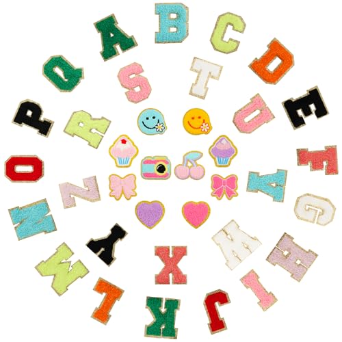 Self Adhesive Letter Patches 36PCS A-Z Stick On Varsity Letter Stickers Patches Mixed Color Felt Alphabets Smile Face Love Heart Bows Glitter Chenille Patch for Clothing Jackets Backpacks Hats