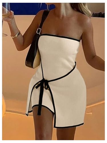 GORGLITTER Women's Strapless Bow Tie Front Bodycon Mini Dress Asymmetrical Summer Knit Sun Dresses Elegant Classy 20254