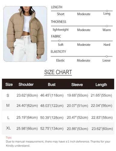 Gihuo Jaqueta feminina acolchoada de inverno curta curta acolchoada com zíper e gola alta, Caqui, P