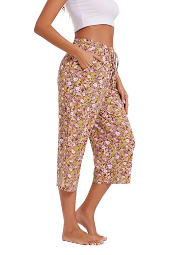 Image of Kabento 2 Pack Womens Pajama Pants Capri Sleep Lounge Pants Drawstring Pj Bottoms with Pockets