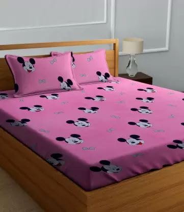 Image of DECORUM 3 D Polycotton Queen Size Bedsheet 90 X 90 Inch with 2 Pillow Cover (Pink Micky)