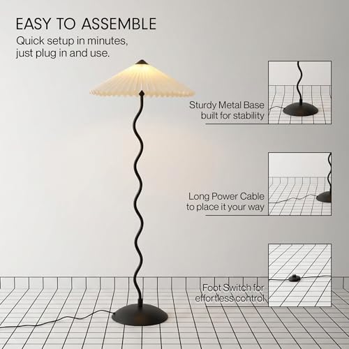 Image of FIG Living Wavy Floor Lamp (Off-White) | 140 cm Tall Handpleated Lampshade with Sturdy Metal Base | Lamp for Living Room Decoration, Cafe & Restaurant | Minimalist Style Standing Lamp | (No Bulb)
