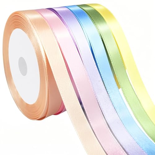 Hapidooda 3/8 150 Yards 6 Colors X 25 Yards Pastel Light Rainbow Satin Ribbon Assorted Colors Satin Ribbons for Flower Bouquet Ribbons for Gift Wrapping Happy Birthday Party Decorations