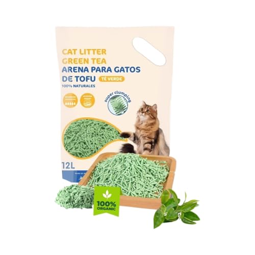CUOPET Arena para Gatos de Tofu con Té Verde, 12L, 100% Natural, Aglomeración Instantánea, Control de Olores