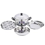 Stainless Steel Induction Base Standard Idly Cooker Patra w/Plain Bottom (2 Thattu / 14 Idlis), 1 Steamer, 2 Dhokla/Thatte Plates