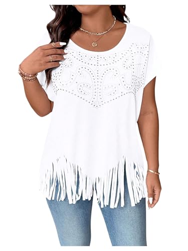 SOLY HUX Women's Plus Size Fringe T Shirt Rhinestone Crewneck