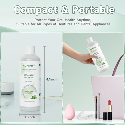 Image of KUNPHY Ultrasonic Retainer Cleaner Solution Concentrate-Professional Cleaning of Retainers, Denture, Invisible Aligners, Mouth Guards, Night Guards, Remove Odors, Discoloration & Stains 1.8 oz(Mint)