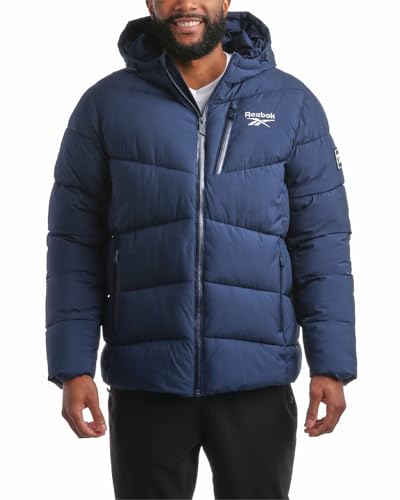 Reebok Men's Puffer Jacket - Comfort Stretch Insulated Puffer Jacket with Hood - Warm Hooded Jackets for Men (S-XXL), Vector Navy, X-Large