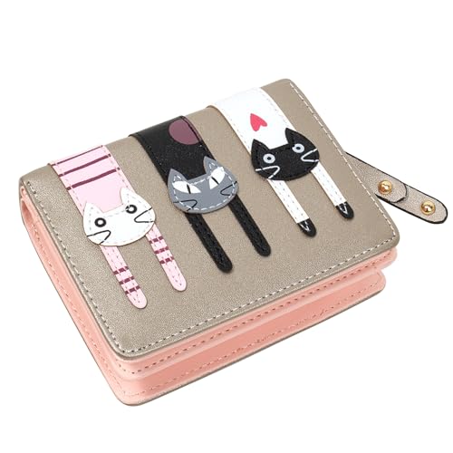 KOTORA Small Cute Wallet for Women Girls Short Bifold Clutch Bag Mini Cat Embroidery Zip Around Card Holder Coin Purse (Gold)