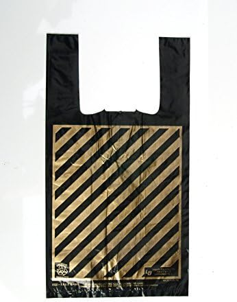 Plastic Shopping Bags, 1000pcs"Jumbo" Size:17x8x30, 1.3 Mil EX-Heavy, Black with Gold Stripes, 19.9 Cents Per Bag, 199.00 per case.