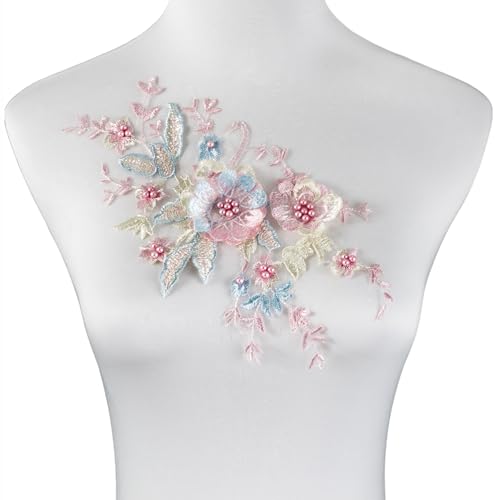 Silvora 2 PCS Flower Fabric Beaded Pearl Lace Applique, 3D Embroidered Patch for Dresses,Handmade Sewing Tool for DIY Neckline Bodice Pants(Pink)