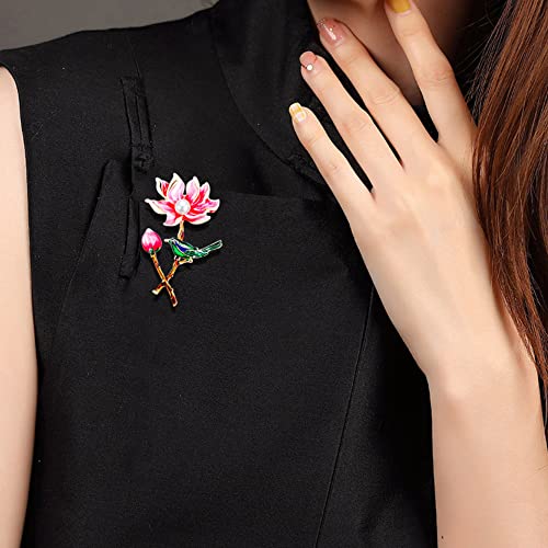 Enamel Lotus Flower Bird Brooch Pin For Women Girls Vintage Pink Plant Shell Pearl Brooches Lapel Pins Elegant Oriental Traditional Dress Culture Accessories Christmas New Year's Party Jewelry Daity Gift #TOP2