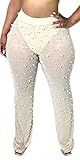 Mesh Pants for Women Sexy Pearl Rhinestone See Through Club Party High Waisted Sheer Rave Skinny Leggings Beige XL