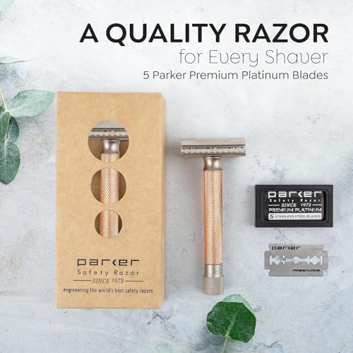 Image of Parker THE VARIANT CLOSED COMB - ADJUSTABLE Double Edge Safety Razor, Customize your Shave with a Turn of the Dial from Mild to Aggressive - 5 Blades Included (ROSE GOLD)