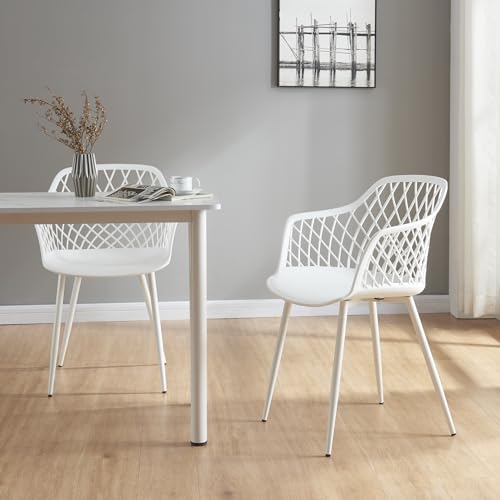 [en.casa] Set de 2 Sillas de Comedor con Respaldo Enrejado Reposabrazos máx. 130 kg Juego de 2 Sillas de Cocina Plástico y Metal 80 x 56 x 52 cm - Blanco
