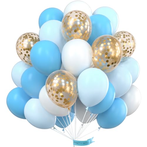PartyWoo Blue and White Balloons 70 pcs 12 Inch Sky Blue Balloons Baby Blue Balloons White Balloons Gold Confetti Balloons Boy Baby Shower Decorations for Blue Baby Shower, Boy Birthday, Toddler Party