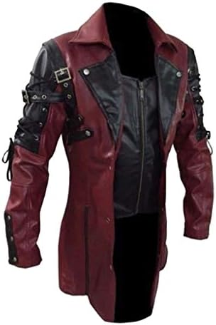 Men's Real Black Leather Goth Matrix Trench Coat Classic Retro Steampunk Motorcycle Biker Faux PU Leather Jacket Overcoat(Red,XX-Large)