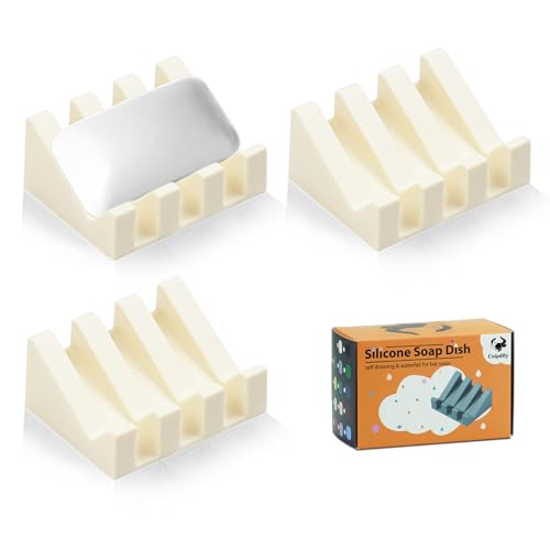 Coipdfty Self Draining Soap Dish Holder,Silicone Soap Dish,for Bathroom,Kitchen, Sponges，Can Extend Soap Life，Keep Soap Bars Dry and Easy Cleaning (N-Cream White,3-Pack)