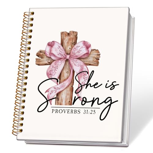 ETVISO Cuaderno bíblico en espiral con lazo de coqueta rosa para tomar notas, proverbios 31:25, regalos cristianos para mujeres y niñas, suministros de estudio de la Biblia, bonitos cuadernos