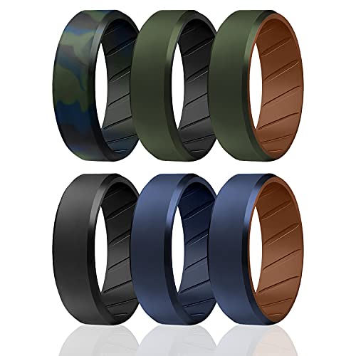 ROQ Silicone Rings, Breathable Silicone Rubber Wedding Ring Band for Men with Comfort-Fit Design, 8mm Beveled Duo, 6 Pack - Black, Green, Blue, Brown Colors - Size 10