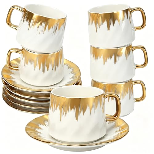 Hebaogugu Coffee Cup Set of 6 with Saucers, 3.5 OZ Ceramic Espresso Cups Set, Gold Trim Turkish Coffee Cup Gift for Double Shot, Latte, Cafe Mocha and Tea, Dishwasher & Microwave Safe