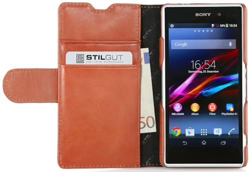 STILGUT Leder-Hülle kompatibel mit Sony Xperia Z1 Compact mit Karten-Fächern, Cognac
