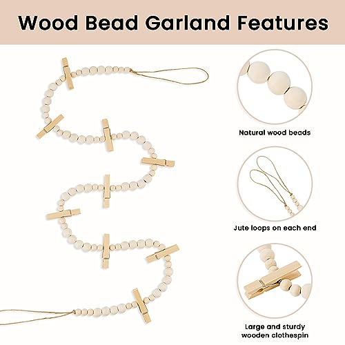 KLOGTSIND Hanging Photo Display Wall Decor, 2PCS Boho Wooden Bead Garland Collage Picture Frame with 9 Wood Clips for Bedroom, Living Room, Office, Dorm Decor, Photos Holder Teen Girl Gifts by KLOGTSIND - Image 5