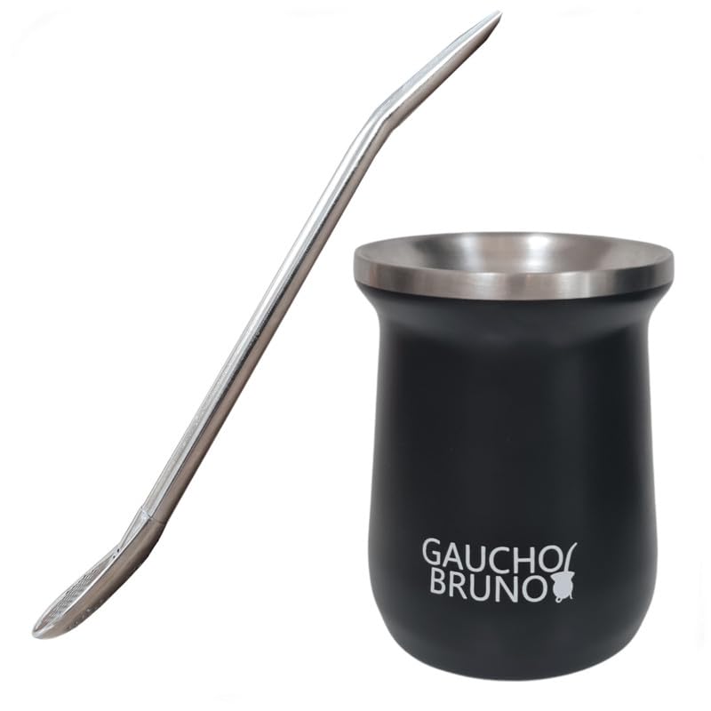 Gaucho Bruno - Stainless Steel Industrial Mate with Bombilla for Drinking Yerba Mate, Black, Mate+Bombilla